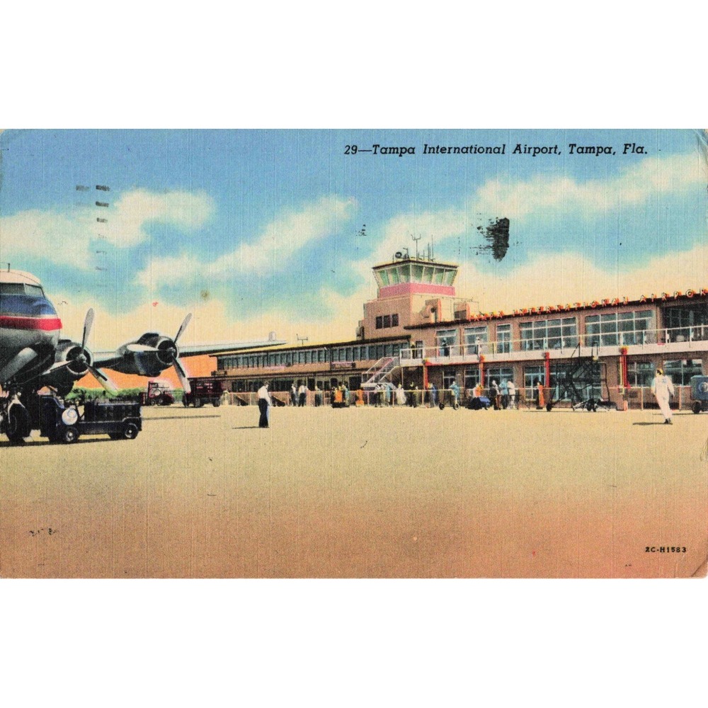 Vintage Tampa International Airport Florida Linen Postcard 1954 Postmark Tarmac